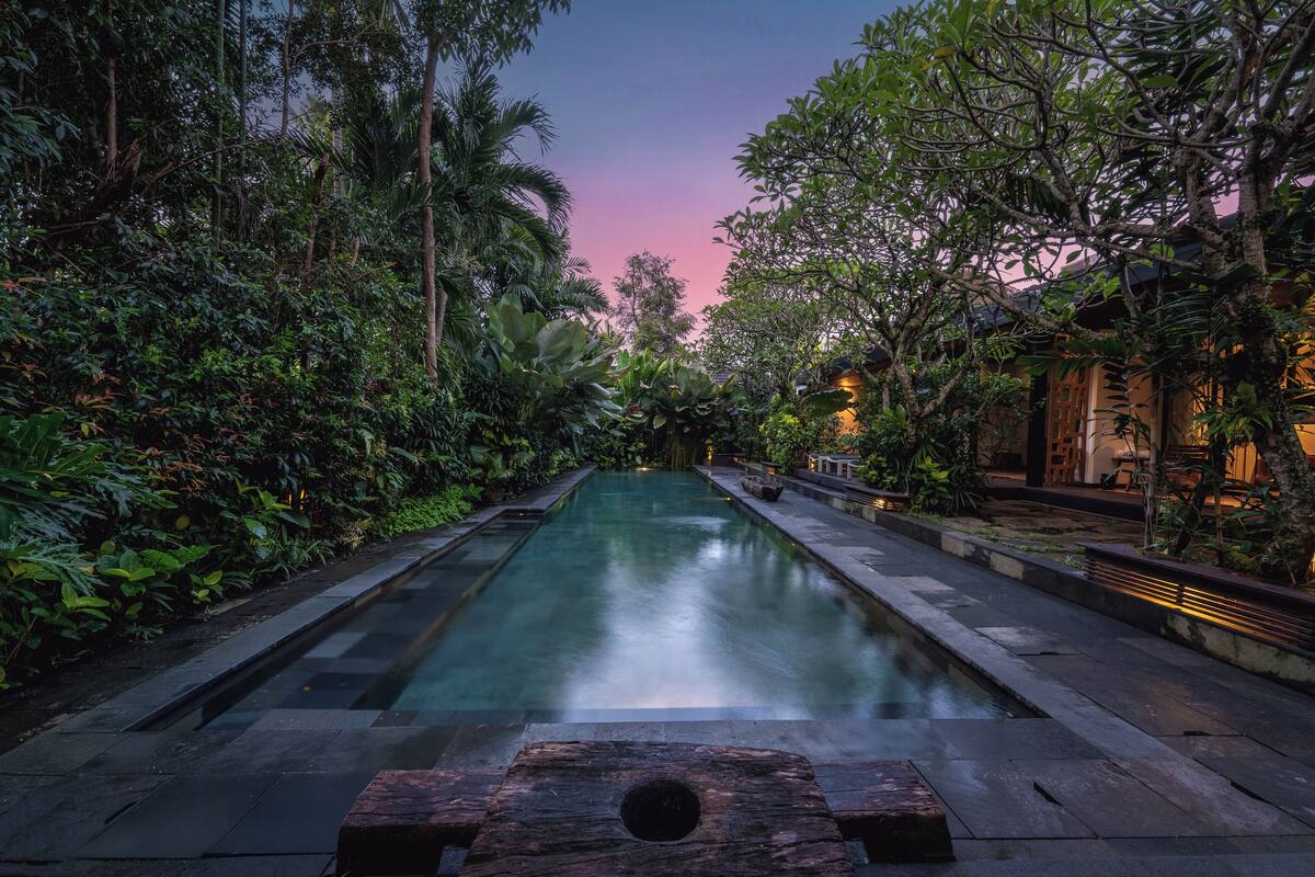 A serene pool area surrounded by lush greenery, with a wooden bench in the foreground.