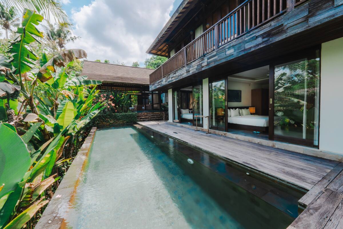 A modern house with a pool, wooden deck, and lush tropical plants.