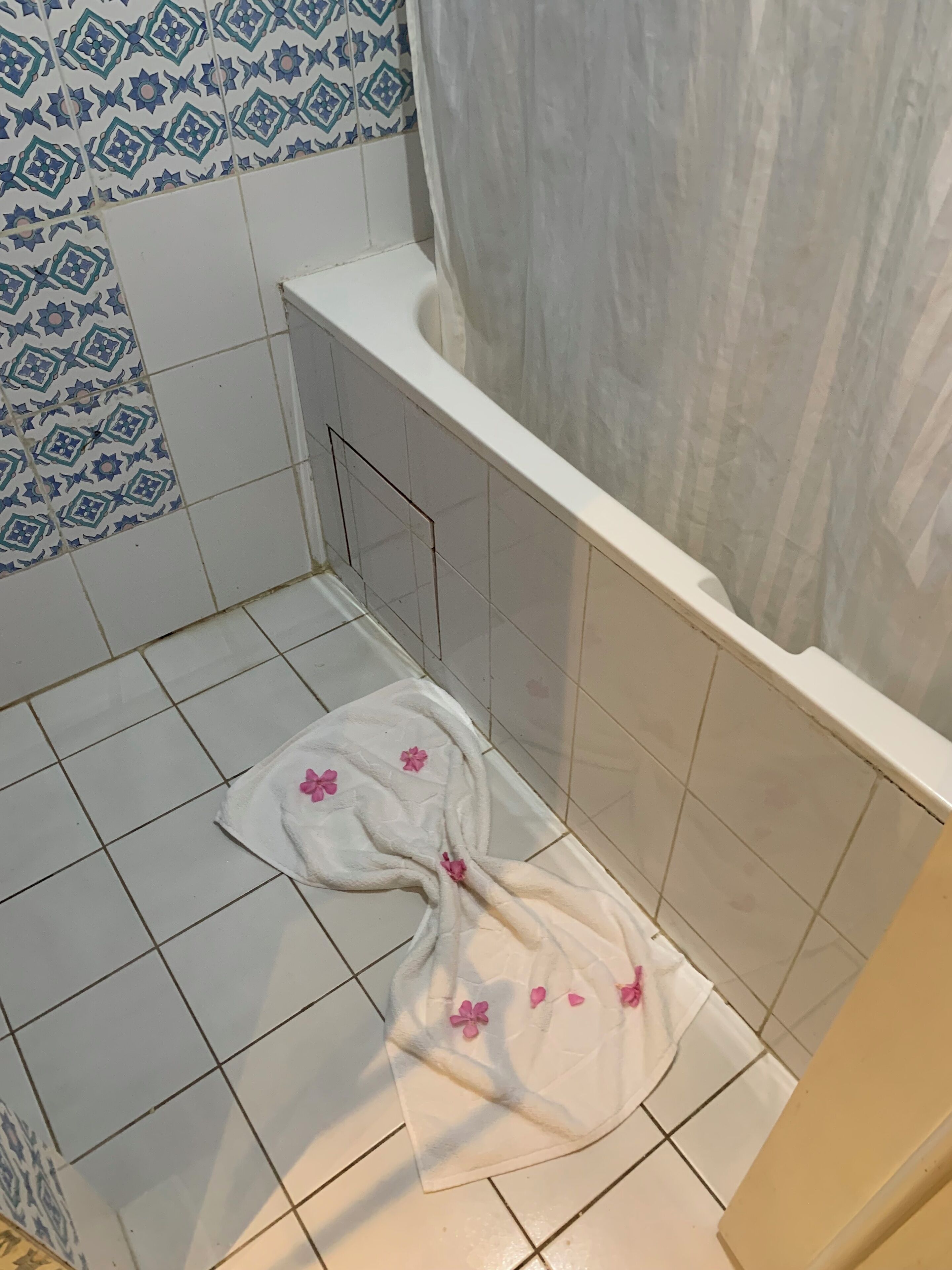 A bathroom with a bathtub, a shower curtain, and patterned tiles.