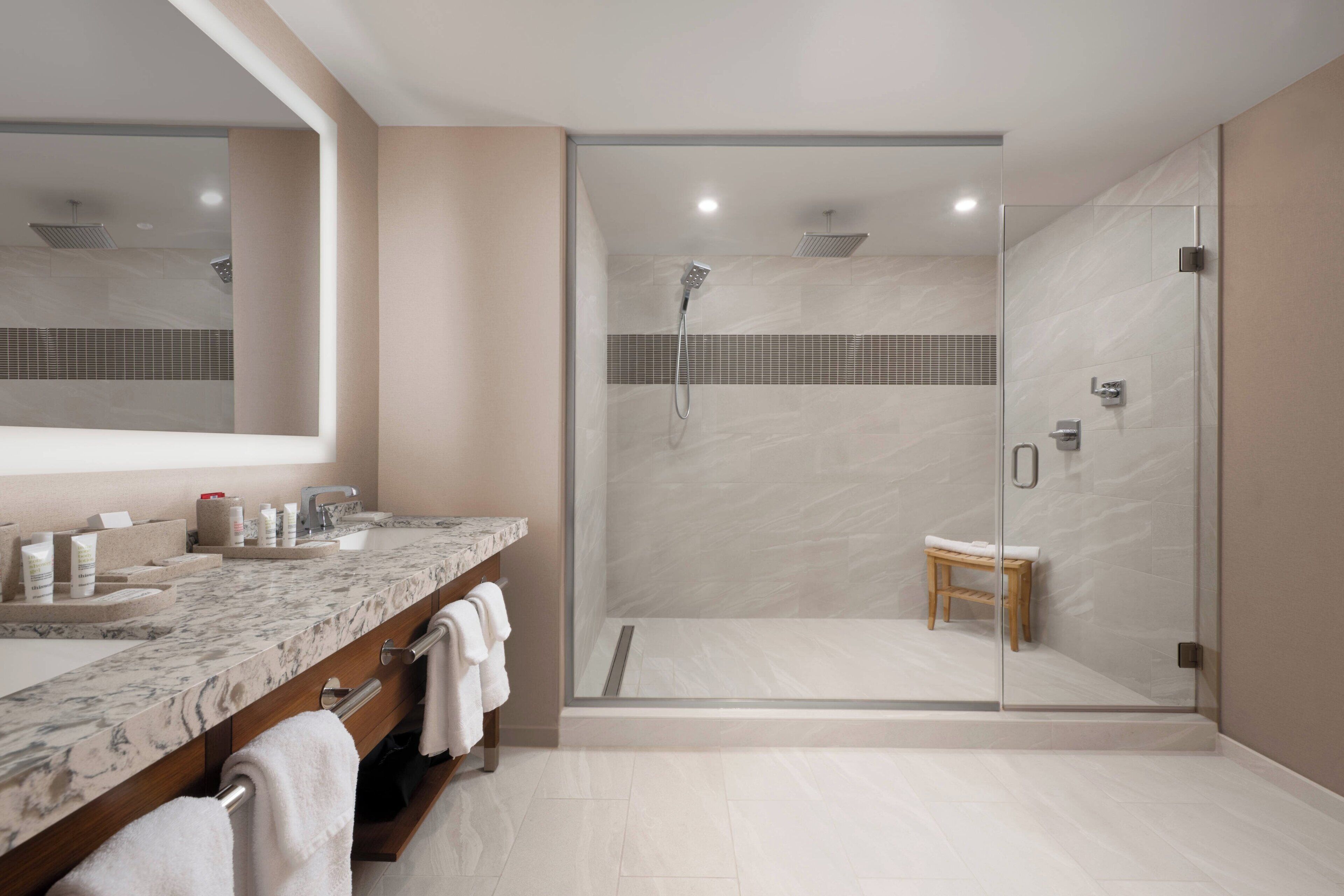 shower, free toiletries, towels