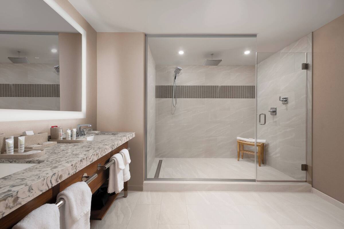 shower, free toiletries, towels