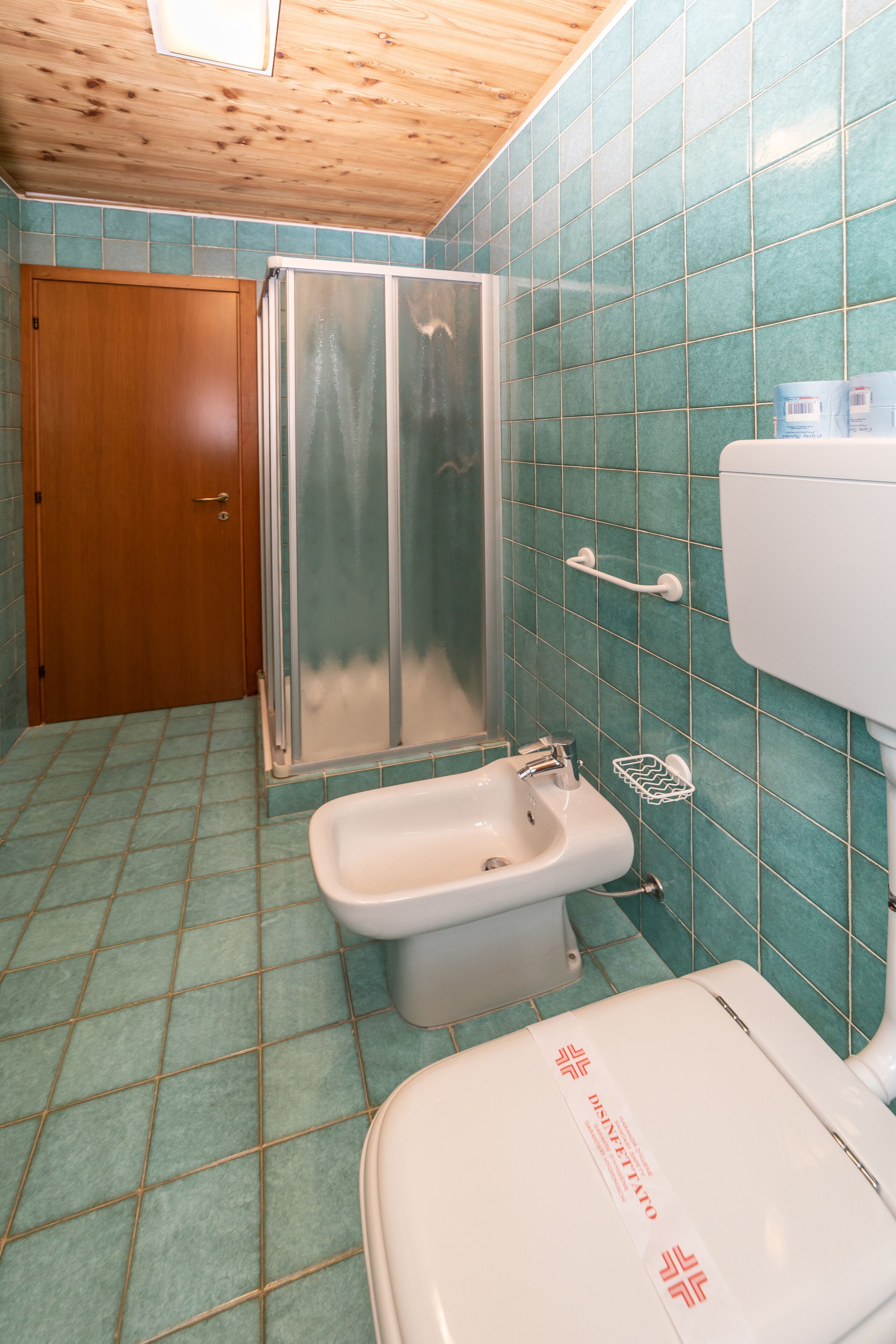 Une salle de bain équipée d’une douche, de toilettes et d’un bidet.