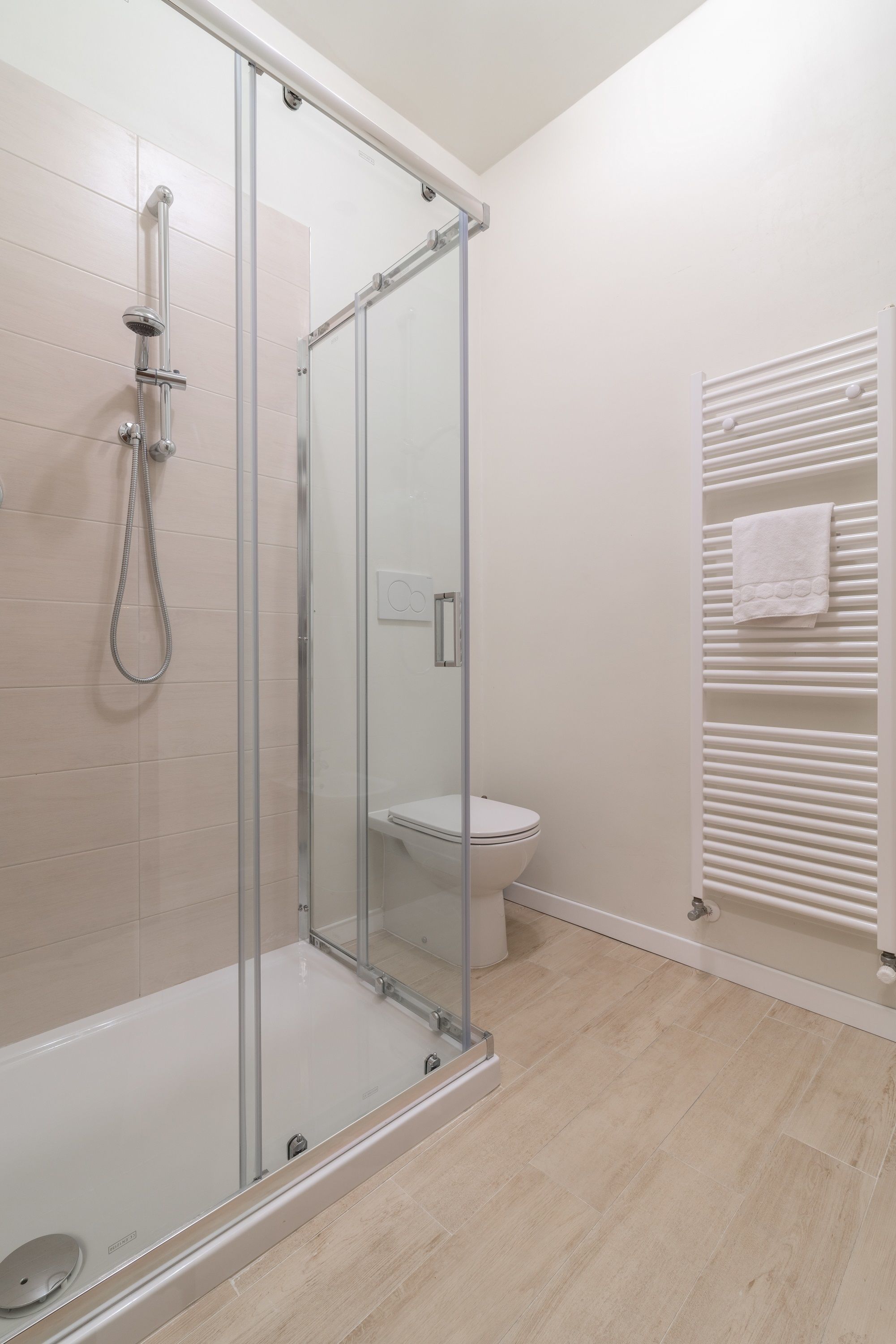 A modern bathroom with a glass-enclosed shower, a toilet, and a towel rack.