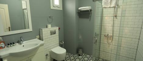 Une salle de bain avec un lavabo, des toilettes et une douche.