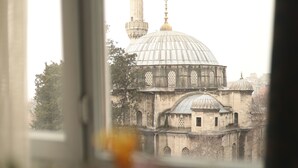En vy över en historisk byggnad med en stor kupol och ett minaret, sedd genom ett fönster, med en vas med blommor i förgrunden.