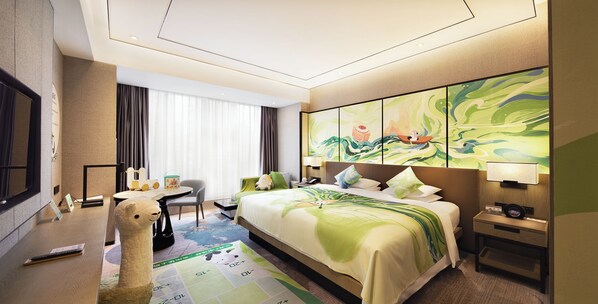 A hotel room with a bed, a desk, a chair, a TV, and a large window with curtains.