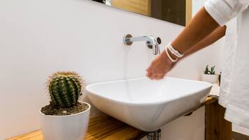Un baño con lavamanos blanco, un grifo y una planta de cactus en maceta.