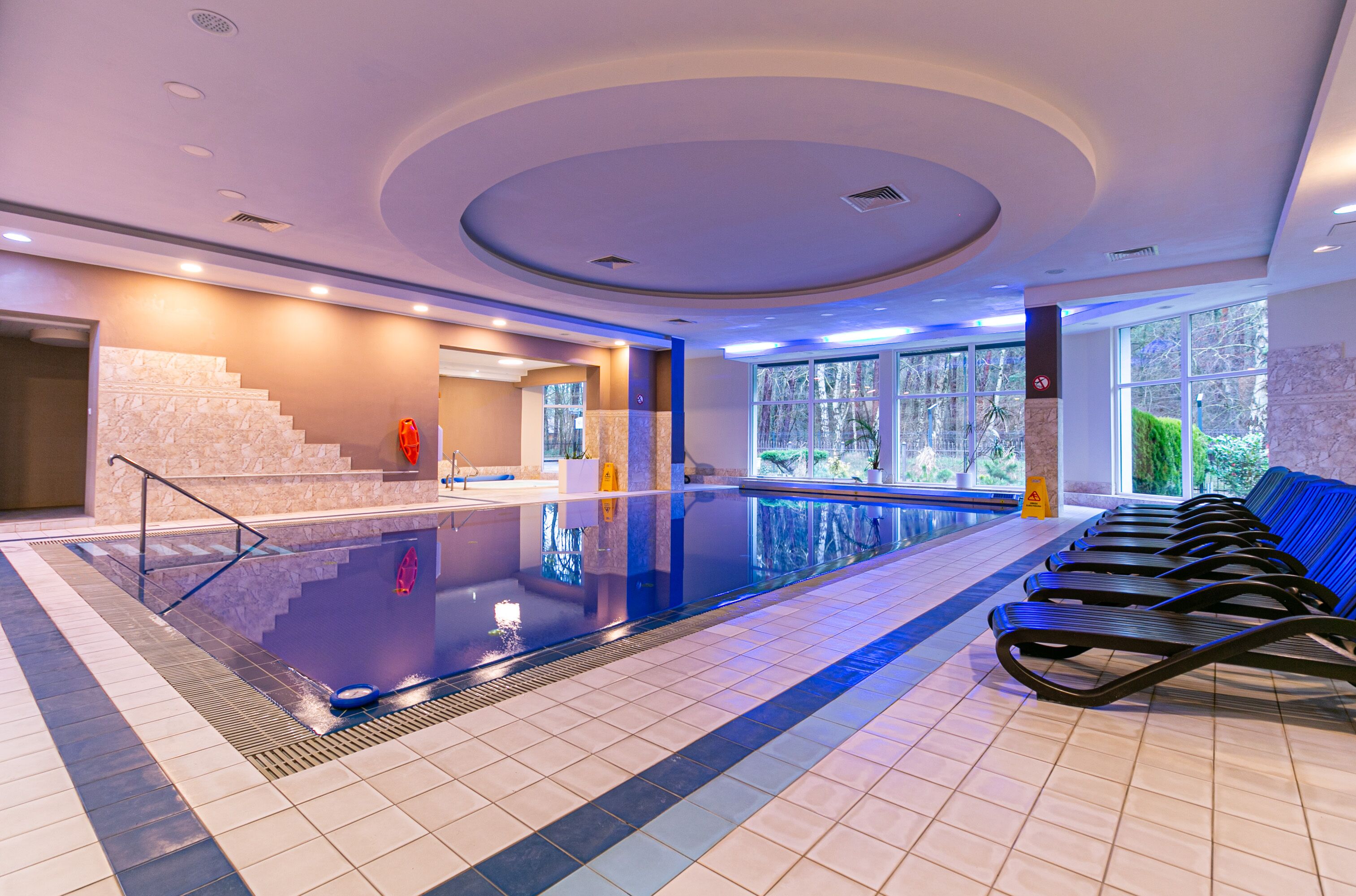 indoor pool, open 8 am to 9 pm, pool loungers