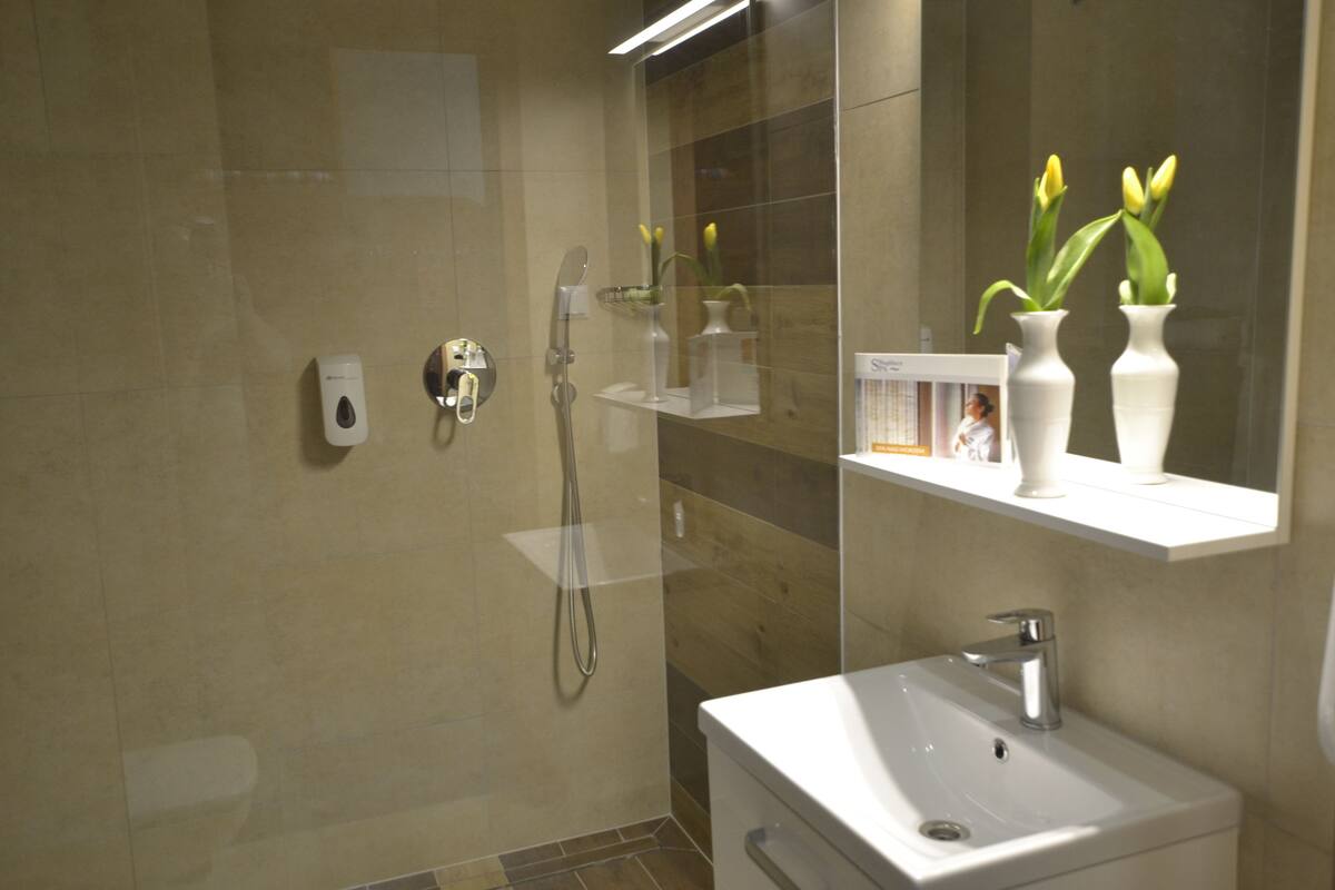 shower, free toiletries, hair dryer, towels