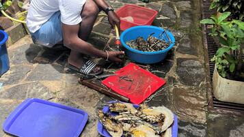 A person cleaning crabs on a stone floor with various containers and plants around.