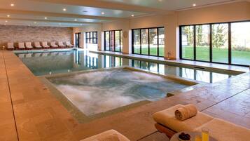 Indoor pool, seasonal outdoor pool, pool loungers
