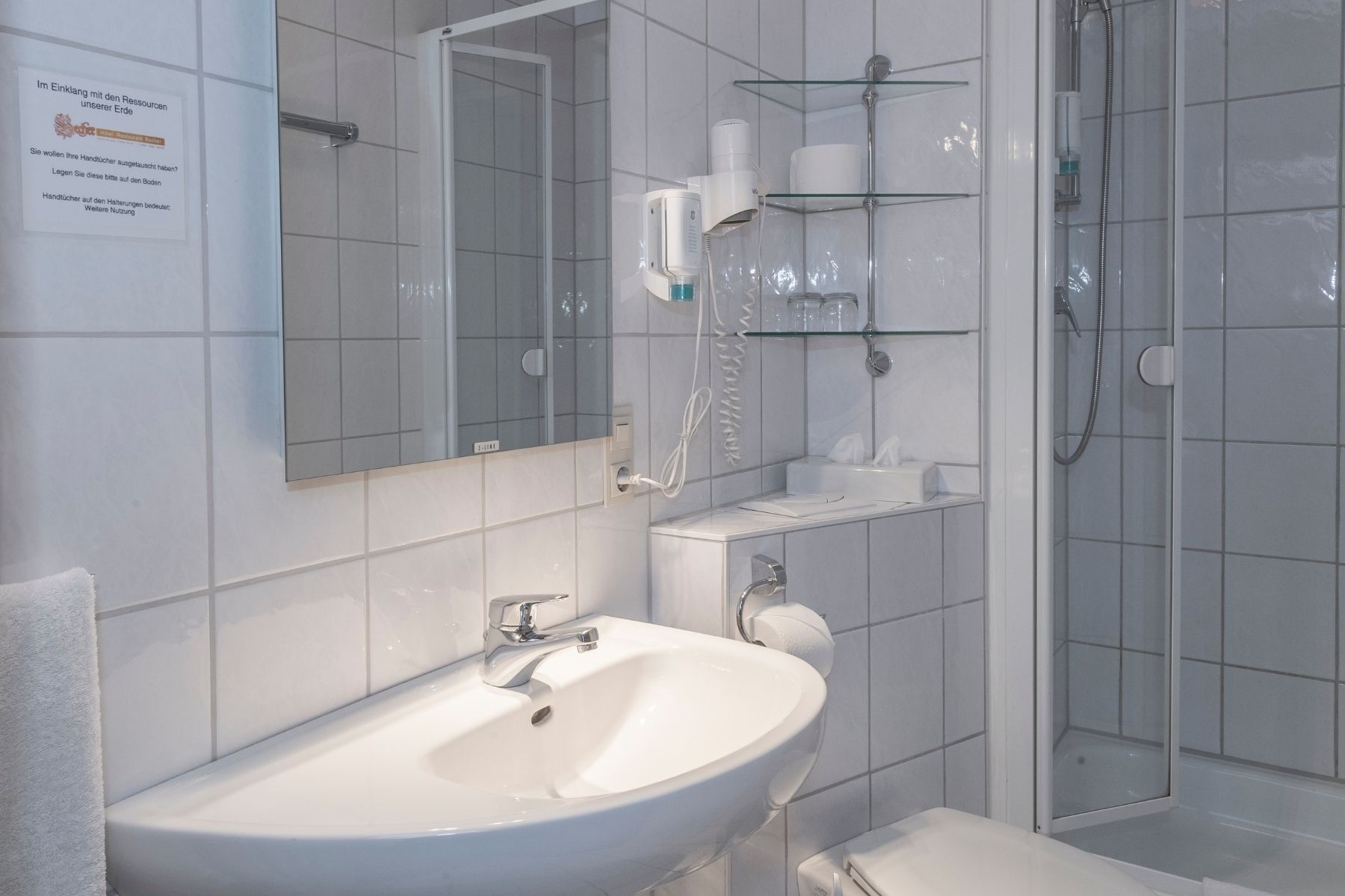 business room | bathroom | shower, hair dryer, towels