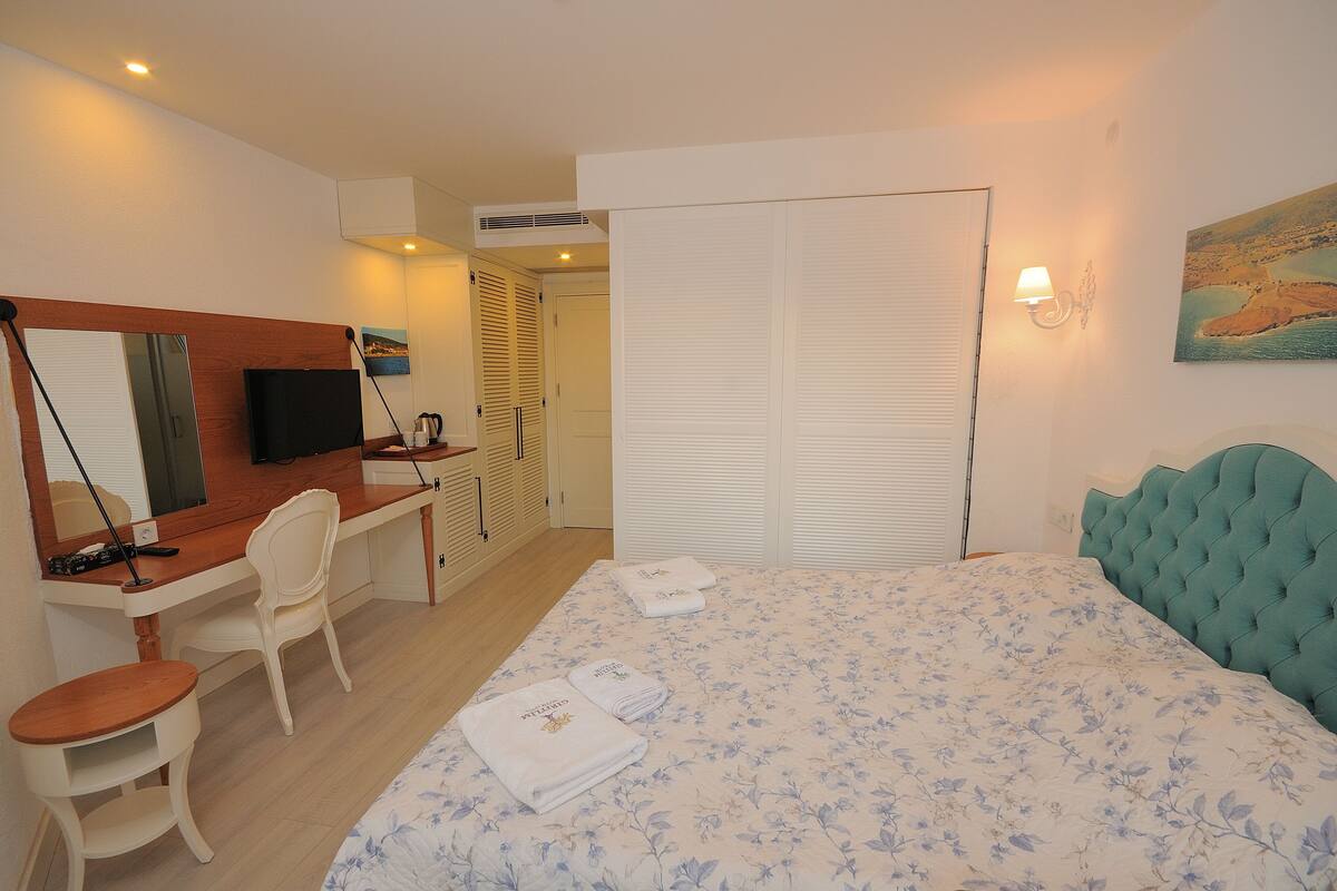 Une chambre d’hôtel comprenant un lit, un bureau, une chaise, une télévision et une armoire.