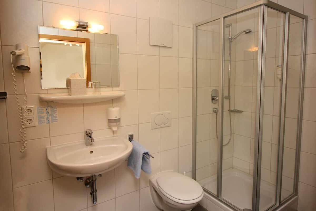 shower, free toiletries, hair dryer, towels