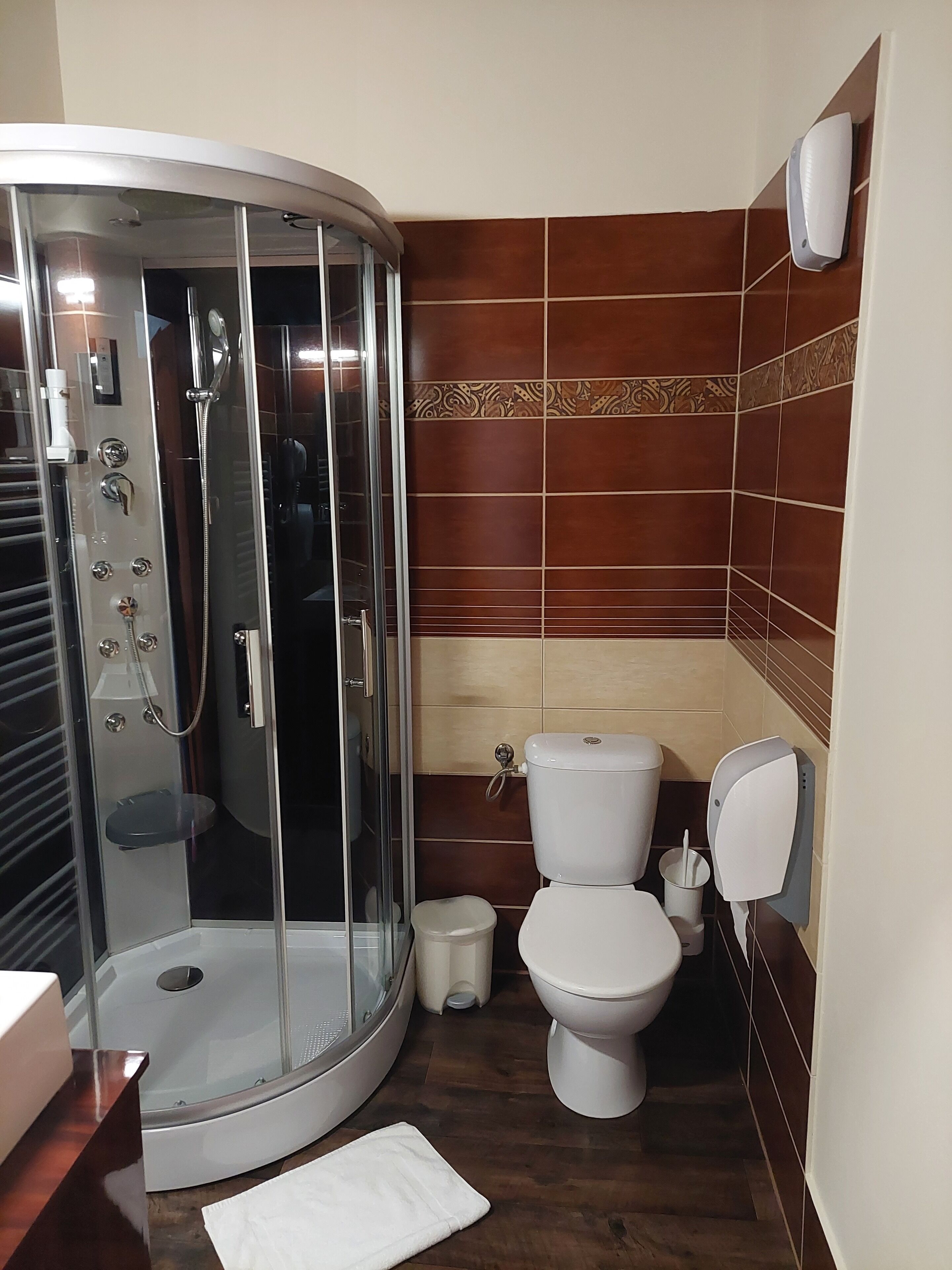 Un baño con ducha acristalada, inodoro y bidé.