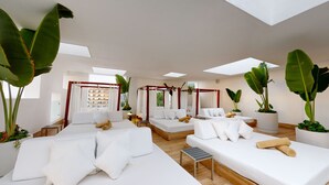 A modern spa room with multiple beds, large potted plants, and a skylight.