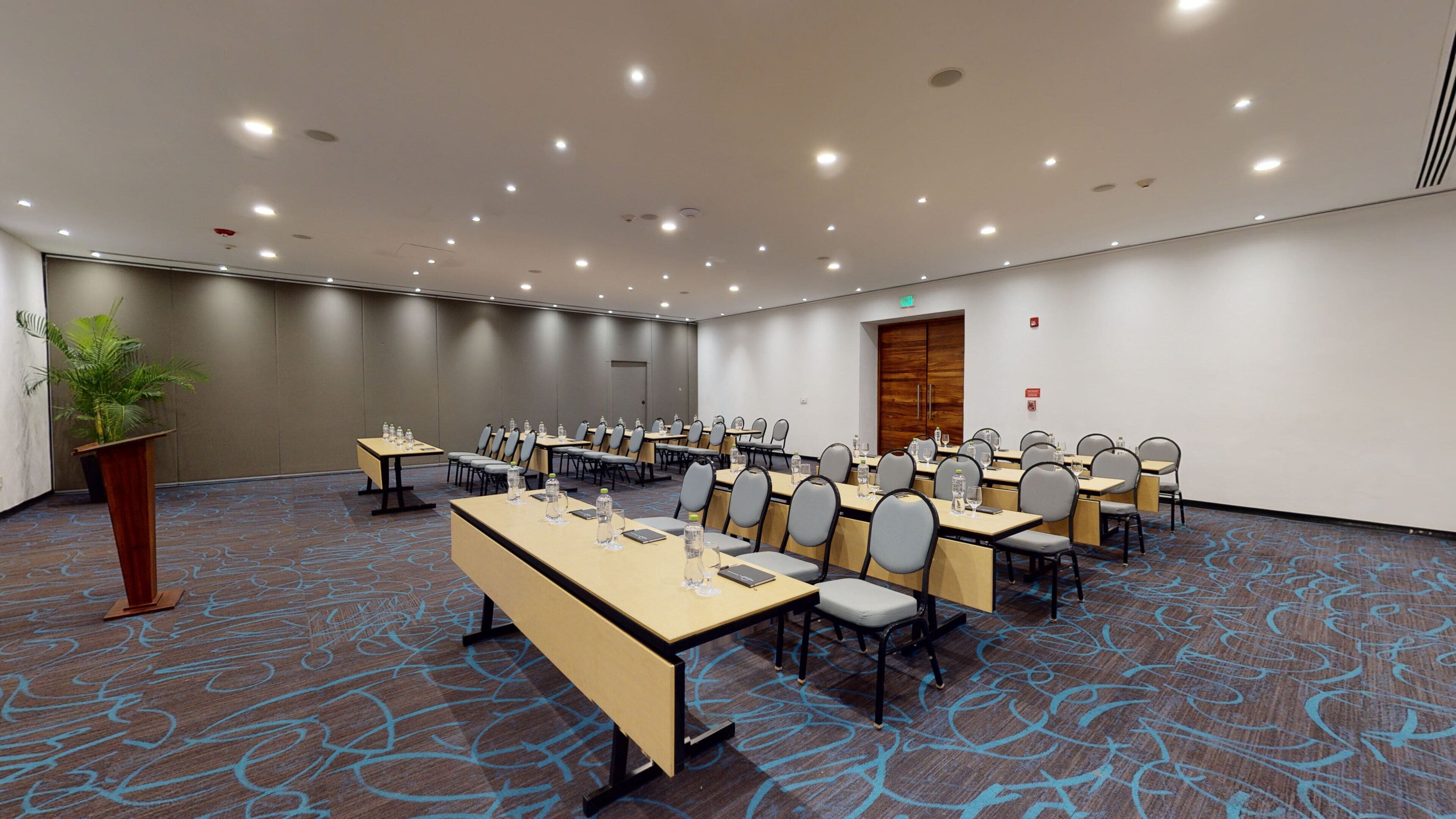 Sala de conferências com várias mesas e cadeiras, um vaso de planta e um tapete estampado.