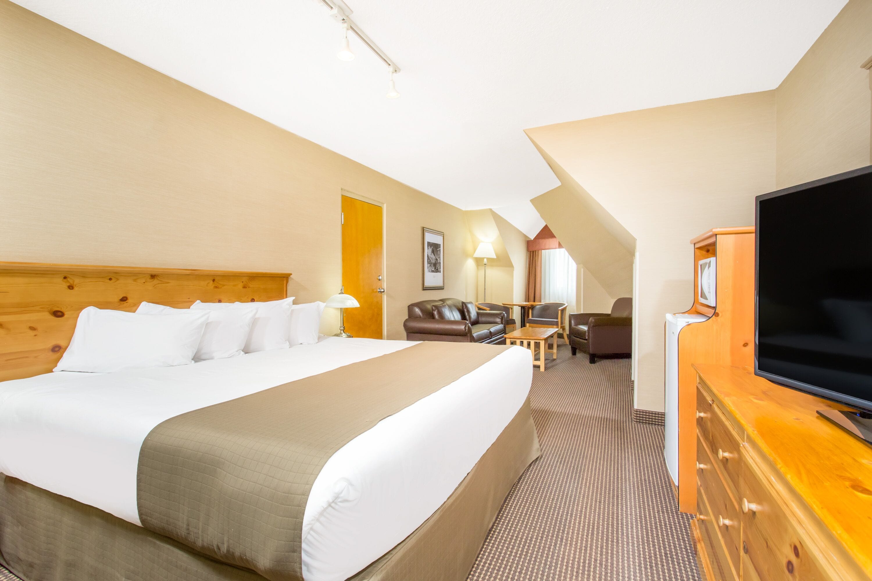 A hotel room with a large bed, a TV, a desk, and a sofa.