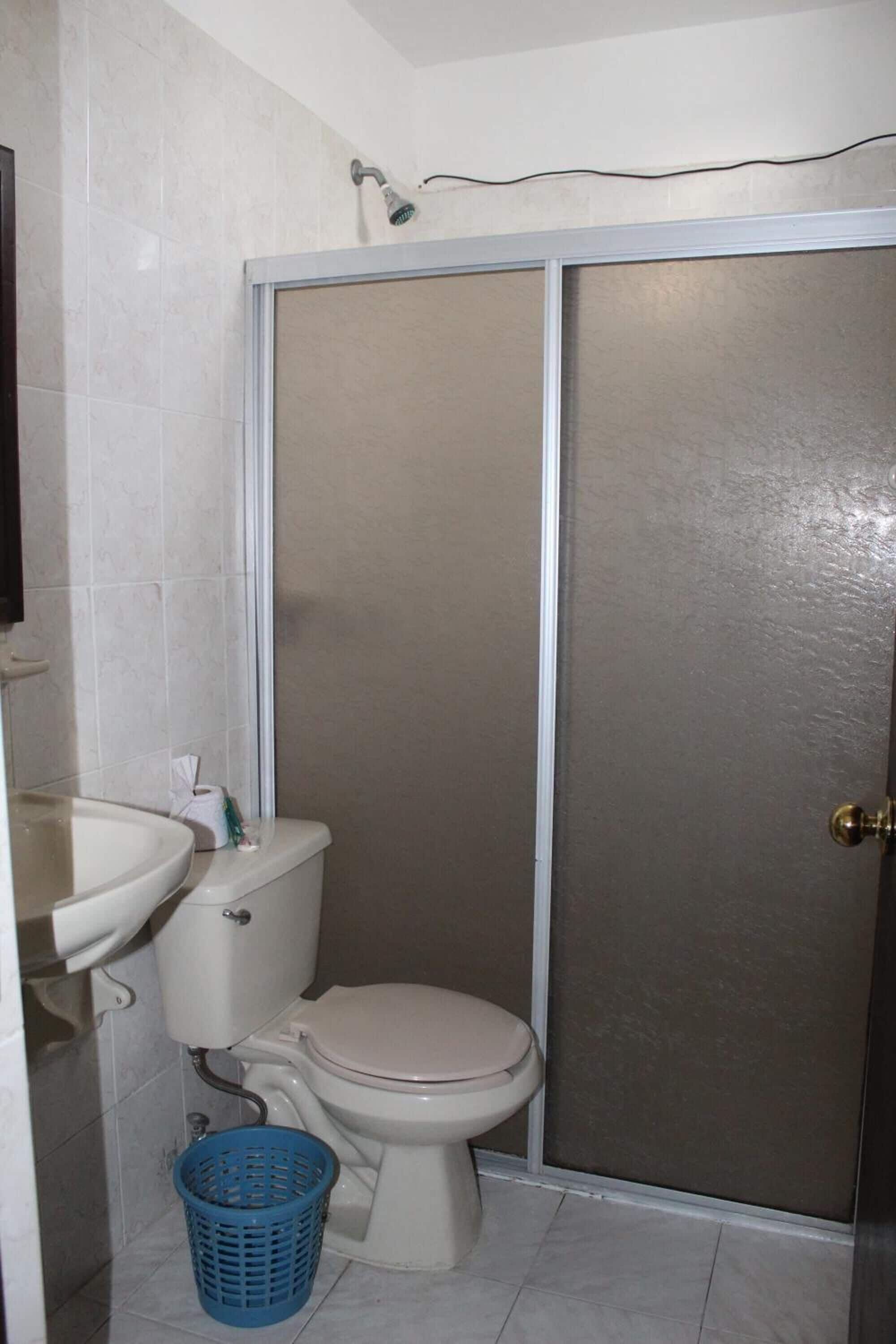 A bathroom with a toilet, sink, and shower enclosure.