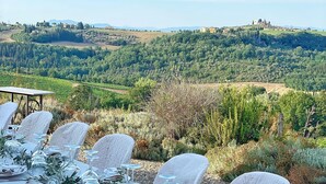 An outdoor dining setup with a table set for six, overlooking a scenic landscape with hills and vineyards. - 1600s Rural Villa in Chianti with Pool and AC just a few steps from Florence (Montespertoli)