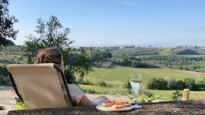 A person relaxing on a chair with a view of a green landscape and a stone wall. - 1600s Rural Villa in Chianti with Pool and AC just a few steps from Florence (Montespertoli)