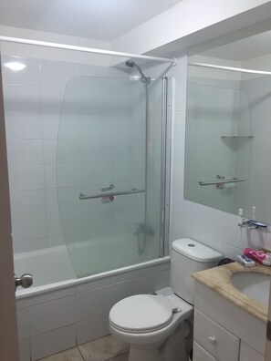 Un baño con ducha envuelta en vidrio, inodoro blanco y lavamanos con espejo superior.