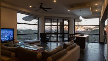 Smart-tv, dvd-spelare, böcker och ett filmbibliotek