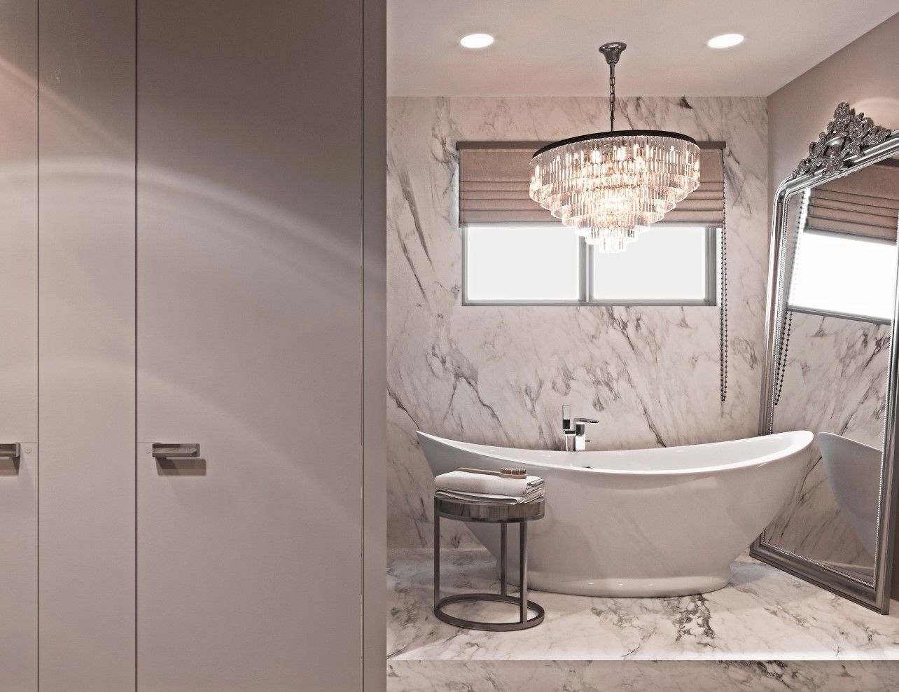 A modern bathroom with a freestanding bathtub, a vanity, and a large mirror.