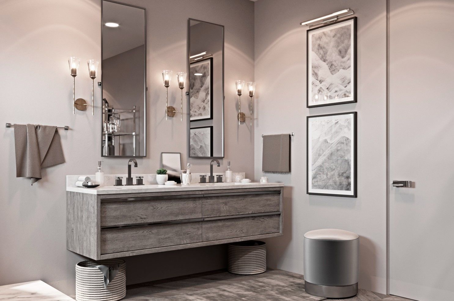 A modern bathroom with a large vanity, two wall-mounted mirrors, and framed artwork.