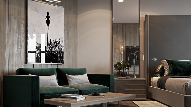 A modern living room with a green sofa, a coffee table, and a large abstract painting. - Luxury Suites (Drama)