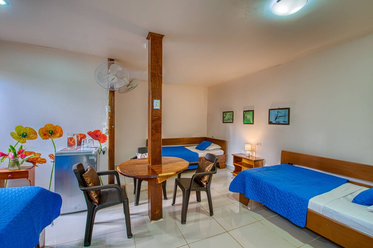 A hotel room with a bed, a desk, a chair, a table, a fan, and a small kitchenette.