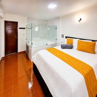 A hotel room with a large bed, a glass-enclosed shower, and a wooden door.