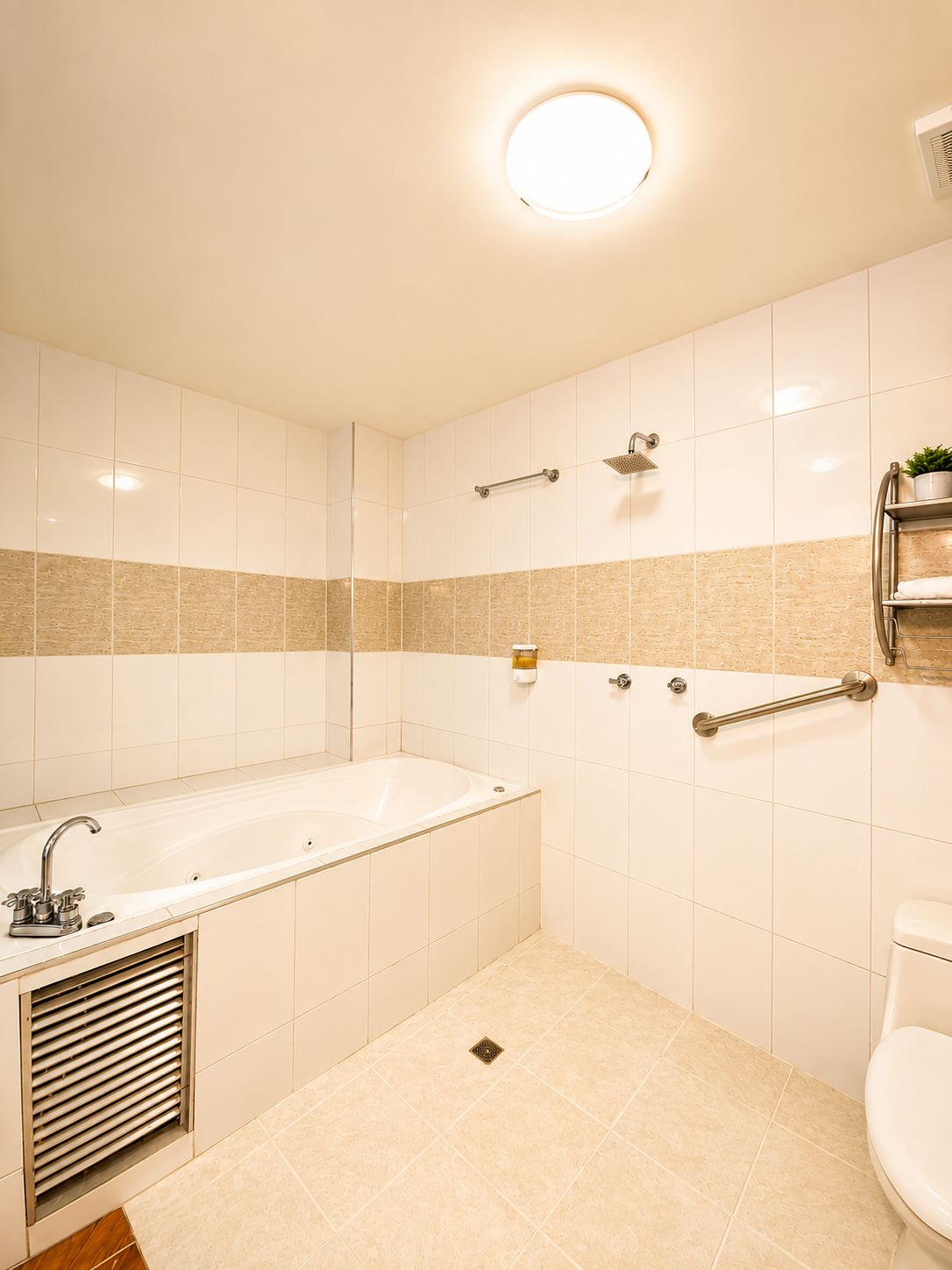 Un baño con bañera, inodoro y zona de ducha.