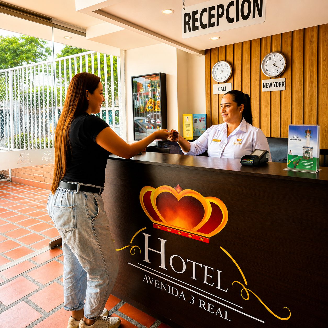 Una recepción de hotel con un reloj que muestra la hora de Nueva York, un letrero que indica el área de recepción y el logotipo del hotel.