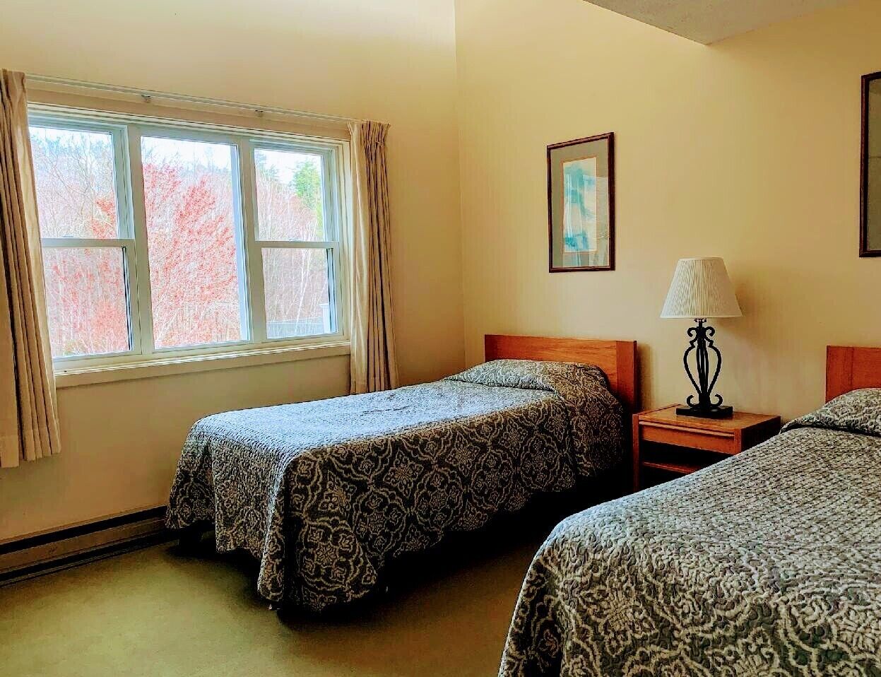 A room with two beds, a window with curtains, a bedside table with a lamp, and a framed picture on the wall.