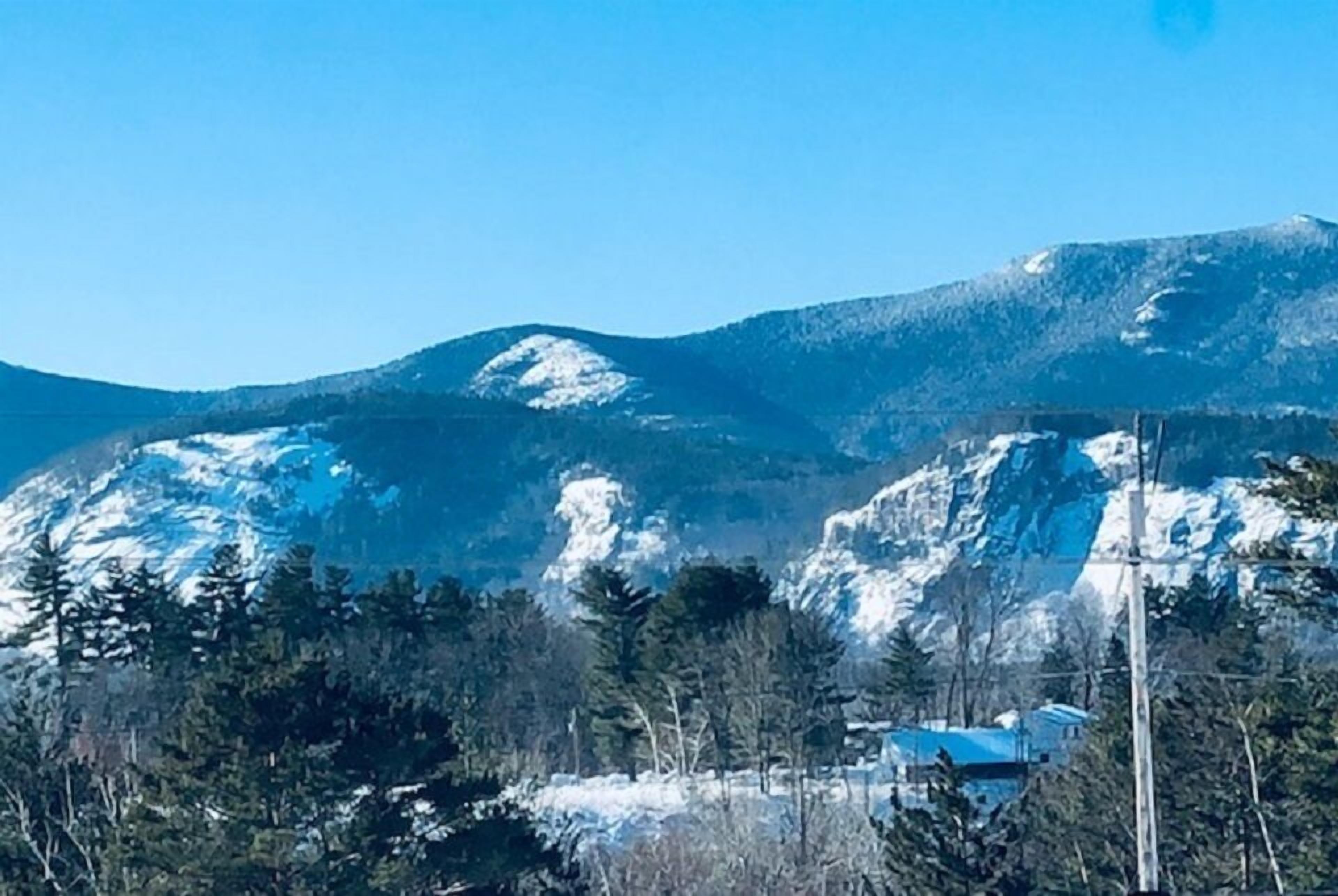 A mountainous landscape with snow-covered peaks and a forested area in the foreground.