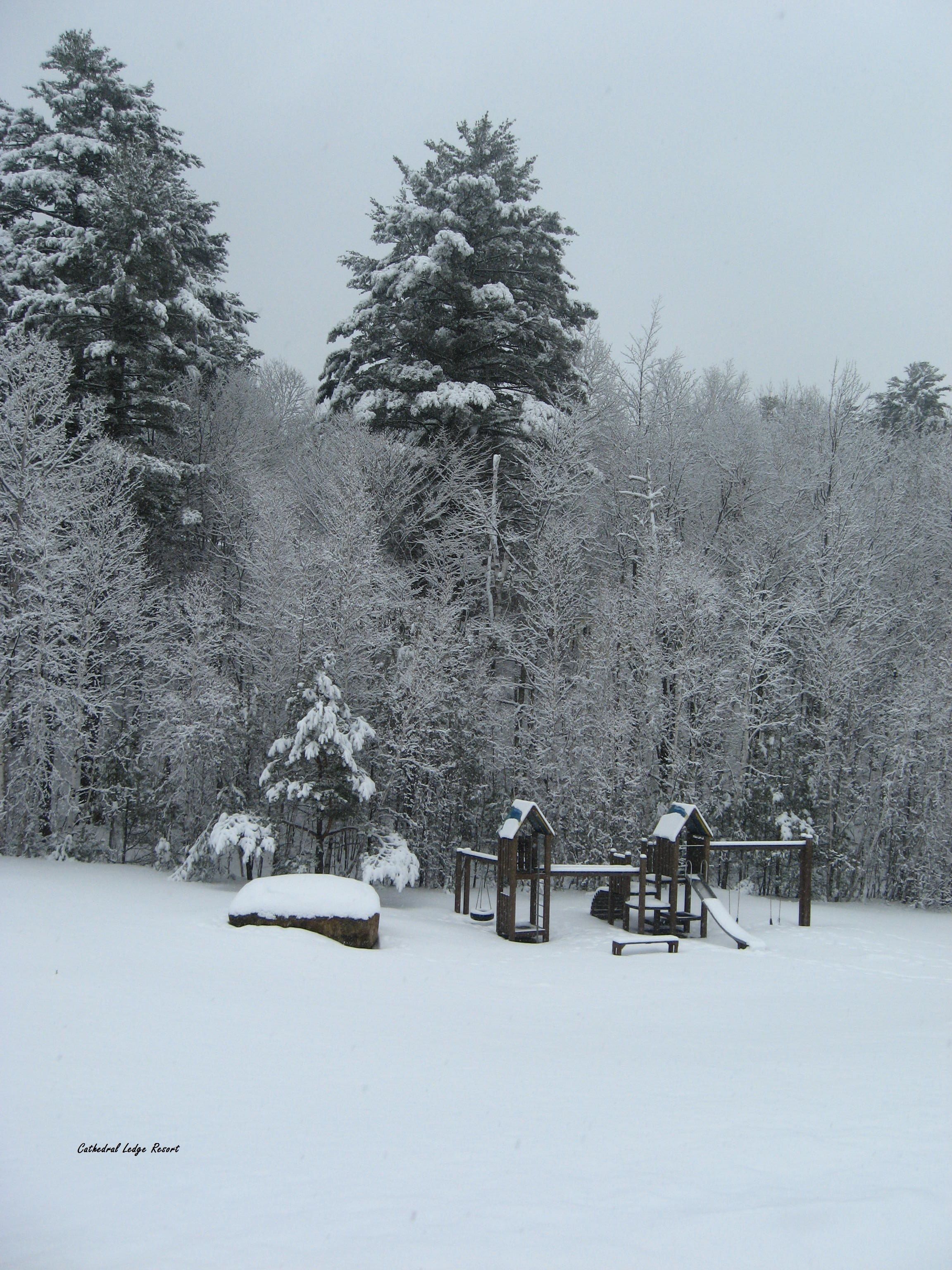 A snowy landscape with a playground featuring a slide and swings, surrounded by snow-covered trees.