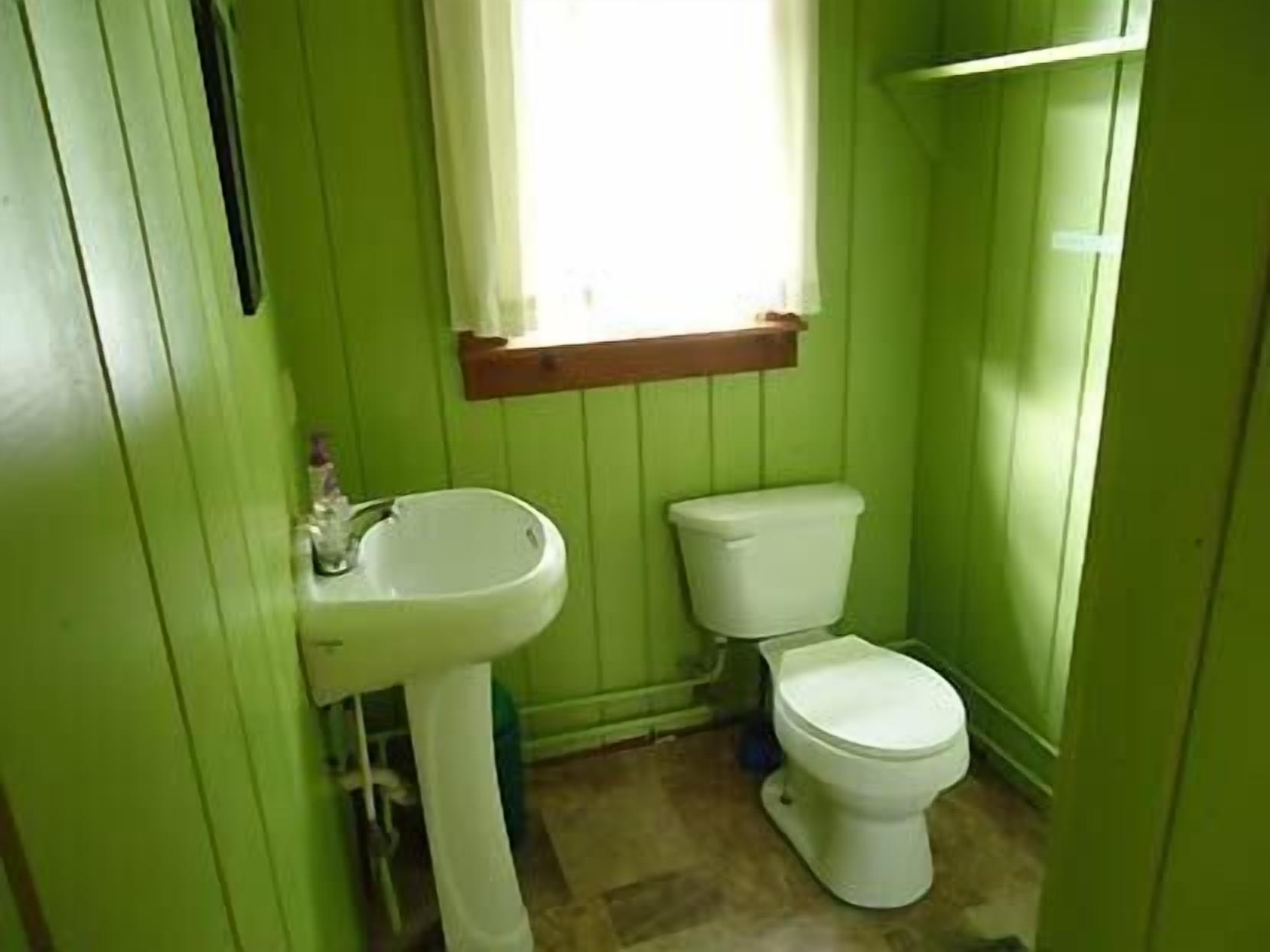 A small bathroom with green walls, a white sink, and a white toilet.