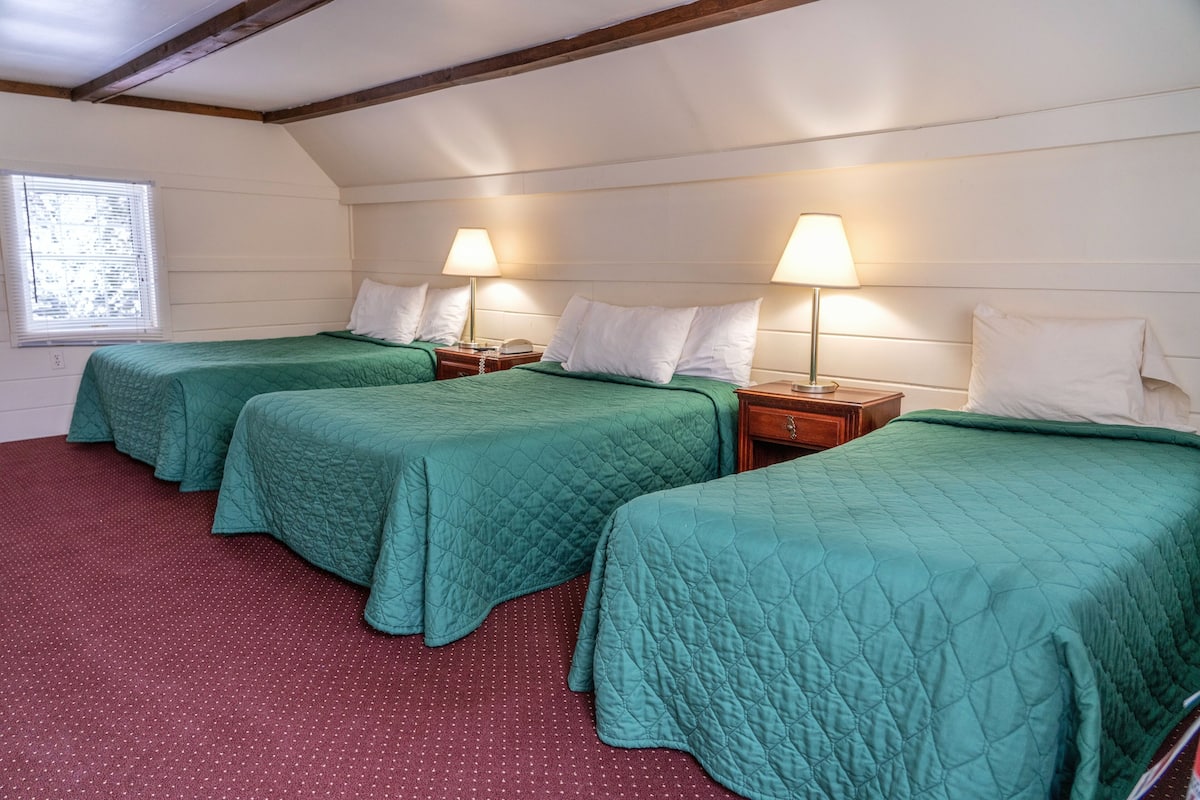 A room with three single beds, each with a green quilt and white pillows, wooden headboards, and bedside lamps.