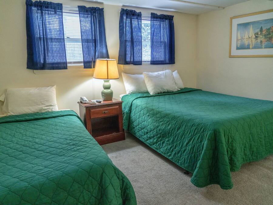 A room with two beds, each with a green bedspread, a nightstand with a lamp, and a painting on the wall.