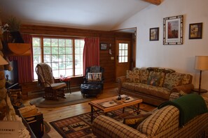 LED TV, fireplace, DVD player, books