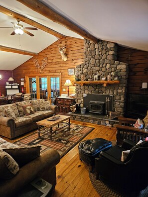 LED TV, fireplace, DVD player, books