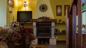 A living room with a fireplace, a television, and a bookshelf. - Detached cottage with two terraces and views of sea and mountains (Puntallana)
