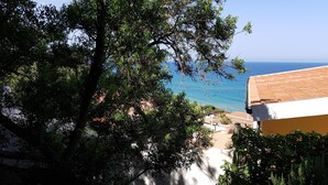 A coastal view with a clear sky, a tree-lined path, and a building with a tiled roof.