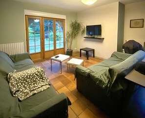 Télévision, cheminée, livres, chaîne hi-fi