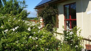 Ein Haus mit einer Solaranlage auf dem Dach, einem roten Fensterrahmen und einem Garten mit weißen Blüten.