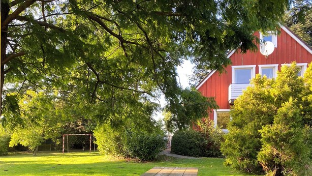 Een picknicktafel in een gazon, met een rood gebouw op de achtergrond.