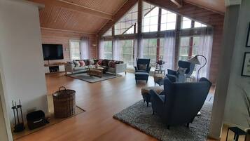 Smart-TV, peis, DVD-spiller og bøker