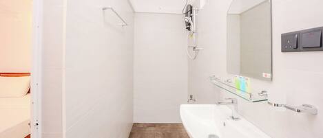 Baño con ducha, lavabo y espejo.
