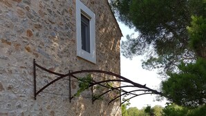 A stone building with a window, a metal trellis with climbing plants, and a paved area with potted plants.